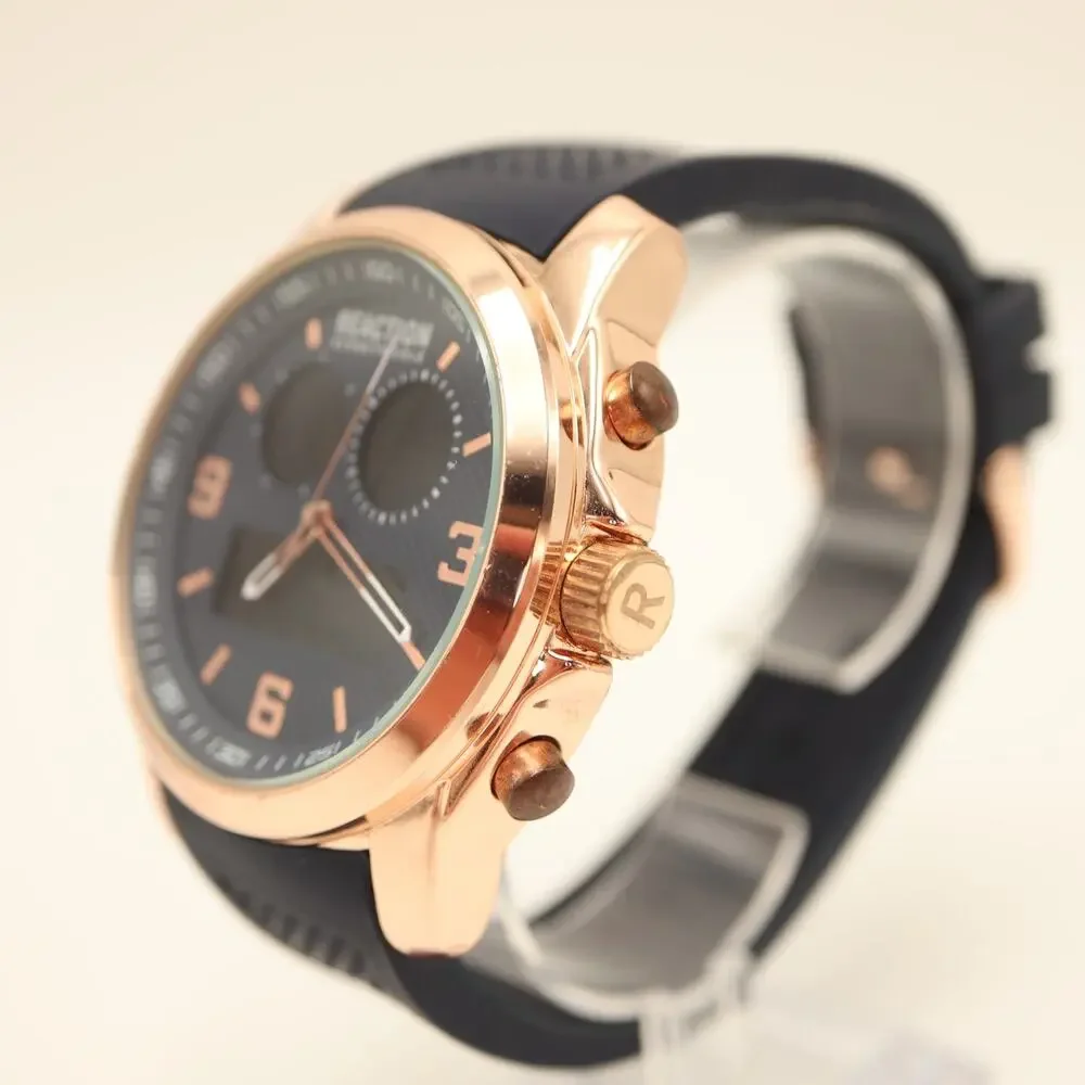 Kenneth Cole Reaction Mens Ana Digi Rose Gold Blue Tone 47mm Watch w New Battery